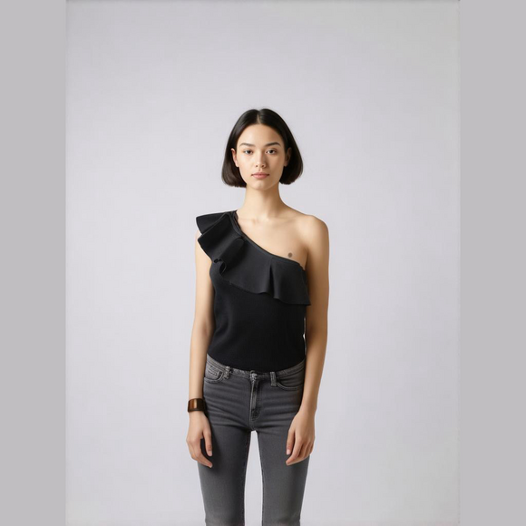 Express Black Body Contour Ruffle One Shoulder Cropped Sweater Tank SKU0545 - Picture 1 of 7